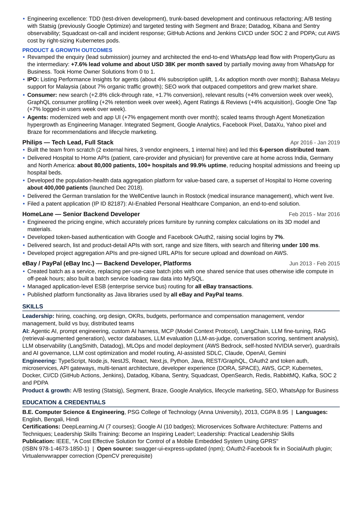Résumé page 2: PropertyGuru product and growth outcomes, Philips, HomeLane, eBay/PayPal, skills, education and credentials.